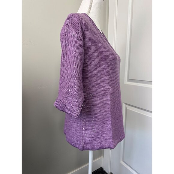 DKNY Jeans Women’s L Purple V-Neck Sequin Knit Sweater 3/4 Sleeves Light Comfort - Picture 4 of 9